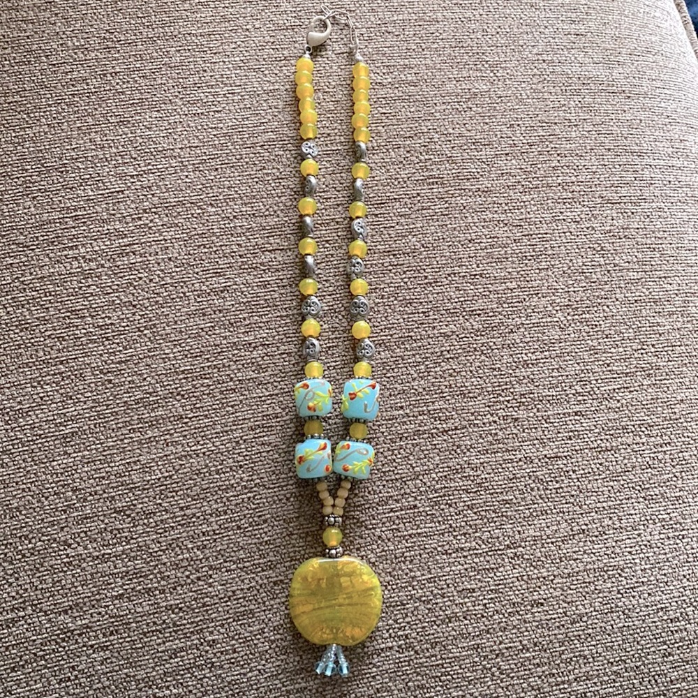 Glass Bead Necklace Yellow Blue Floral with silver accents
